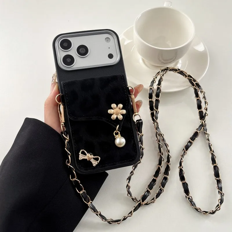 Luxury Leopard Wallet Case with Diamond Pearl Card Holder and Crossbody Strap