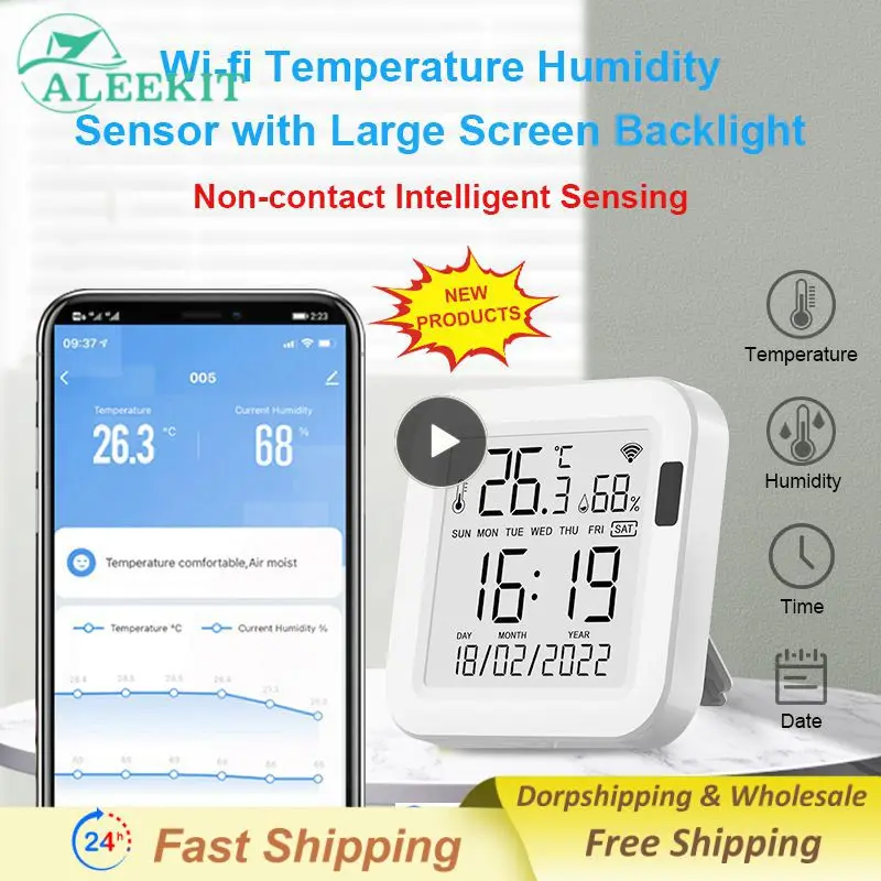 

WiFi Temperature & Humidity Sensor LCD Screen Infrared Sensing Backlight Smart Tuya APP Remote Control Alexa Voice
