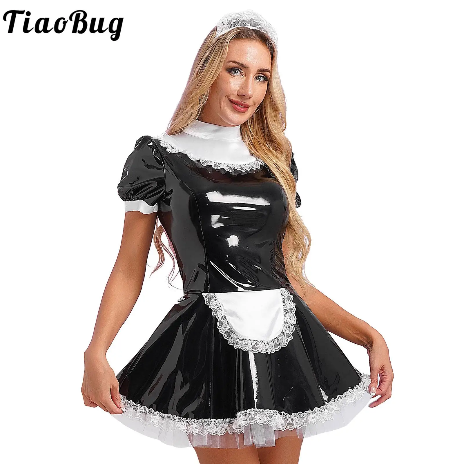 

Womens Glossy Patent Leather Maid Dress with Lace Headband Ruffles Lace Apron Puff Sleeve A-Line Dress for Dating Night Clubwear