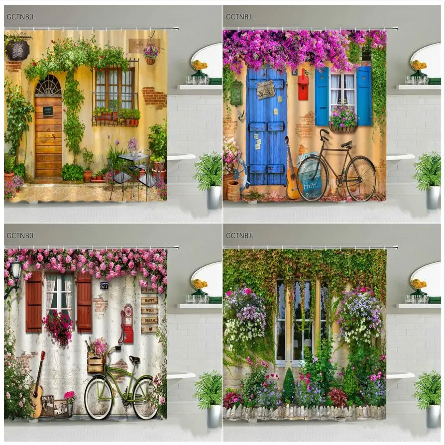 Shower Curtains Street Flowers Plant Shower Curtain Retro Building Old Door Rural Scenery Background Wall Decor