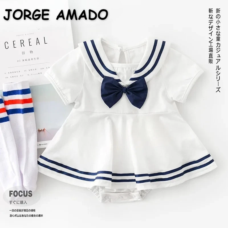 Nuova estate neonata body colletto blu scuro fiocco tinta unita maniche corte collo marinaio tuta infantile abbigliamento neonato H02101