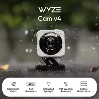 Wyze Cam v4, caméra de sécurité domestique intelligente Wi-Fi 2K HD, utilisation intérieure/extérieure, moniteur pour animaux de compagnie/bébé, projecteur/sirène activé par le mouvement, 1