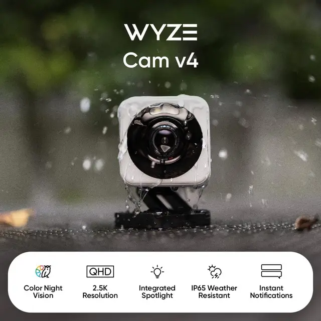 Wyze Cam v4, caméra de sécurité domestique intelligente Wi-Fi 2K HD, utilisation intérieure/extérieure, moniteur pour animaux de compagnie/bébé, projecteur/sirène activé par le mouvement, 1
