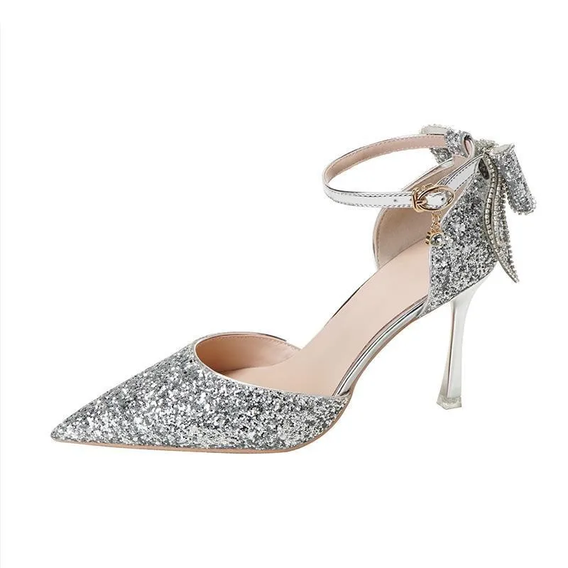 Size 30 44 Silver Wedding Shoes Women High Heels Shoes Bow Bride Andals Shoes Women's Sandals