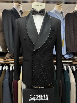Elegante scialle risvolto abito da uomo in rilievo 2026 smoking chic set di alta qualità vintage 2 pezzi intervista per feste abbigliamento da sposo nero