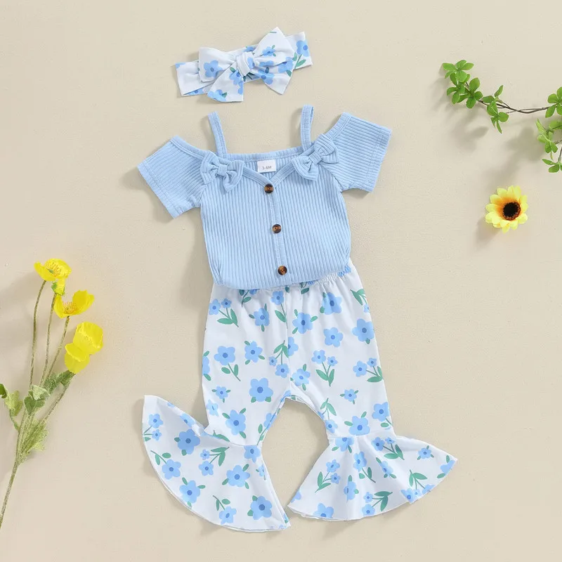 

Baby Girls Summer 3PCS Sets Short Sleeve Button Romper Floral Flared Pants Headband Sets
