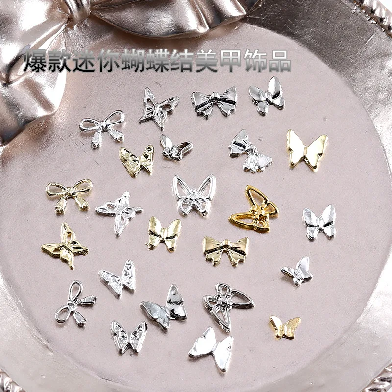 10Pcs 미니 실버 골드 합금 나비 네일 매력 3D Bowtie 부품 금속 매니큐어 액세서리 레트로 네일 아트 장식 용품