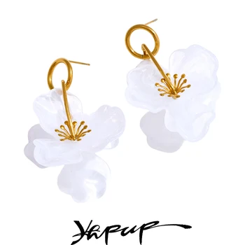 Yhpup Arrivals White Resin Flower Dangle Earrings for Women Stainless Steel Summer Popular Jewelry Recommend 2025