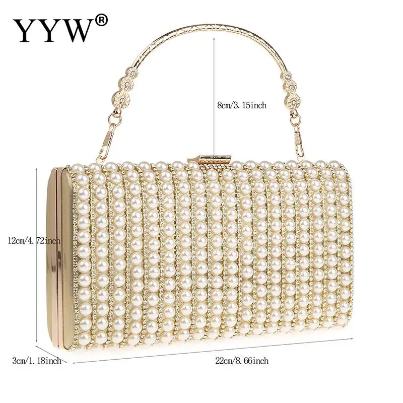 Elegant Pearl Beads Rhinestone Women Evening Clutch Handbag Square Wedding Bridal Diamond Messenger Purse Lady Metal Chain Bag