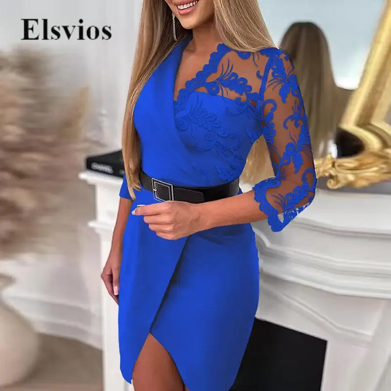 

Elegant V-neck Patchwork Lace Party Dress Women Casual Long Sleeve Slim Belt Mini Dress Sexy Embroidery Mesh Sheer Bodycon Dress