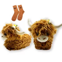 Highland Cow Plush Slippers with Sock Women Men Fluffy Cattle Slipper Warm Soft House Animals Shoes Christmas Birthday Gifts 2