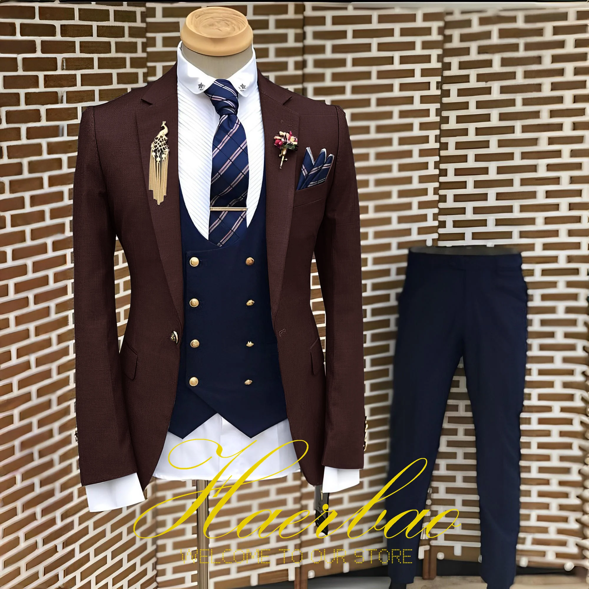 Men's Suit Business Jacket Navy Blue Vest Pants 3-Piece Set Slim Fit Wedding Tuxedo