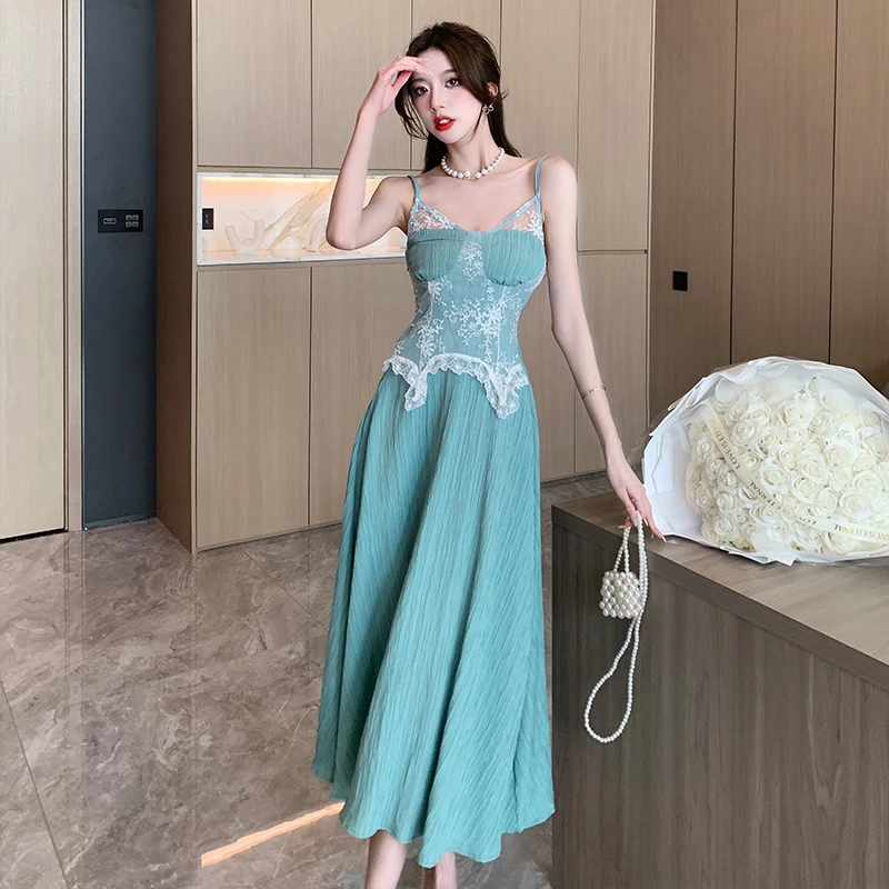 

2023 Spring Summer New Women's Strap Dress Sexy Fashion Temperament Lace Splice V-Neck Free Shipping