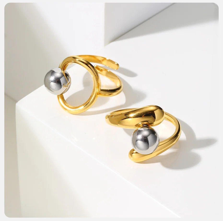 Vnox Kugelringe aus Edelstahl mit gemischten Perlen, einfacher offener Ring mit 18-Karat-Vergoldung, Damen-Fingerschmuck-Geschenke – Detail 6