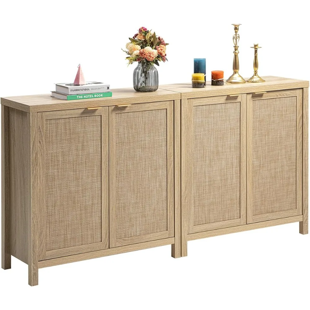 

SICOTAS Rattan Sideboard Buffet Credenza Cabinet - 2 Pieces Farmhouse Kitchen Coffee Bar Cabinet with Rattan Decorated Doors