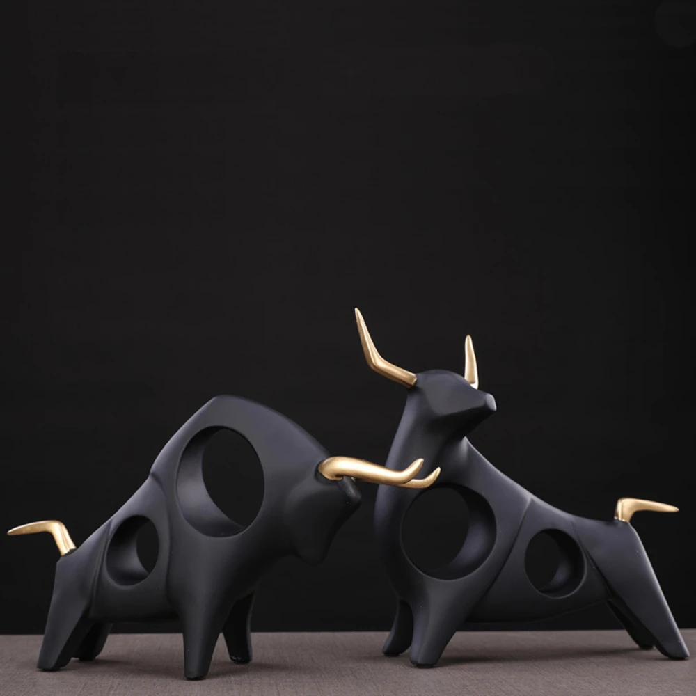 1 Pair 3D Bull Statue Home Decor Figurine Animal Abstract Sculpture