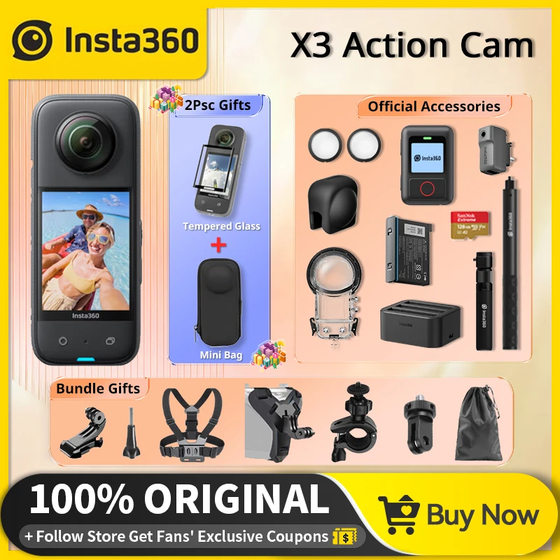 Insta360-Cámara de acción X3 360, dispositivo con batería de 360 mAh,  resistente al agua, estabilizador de flujo, 5,7, X3, 1800 K