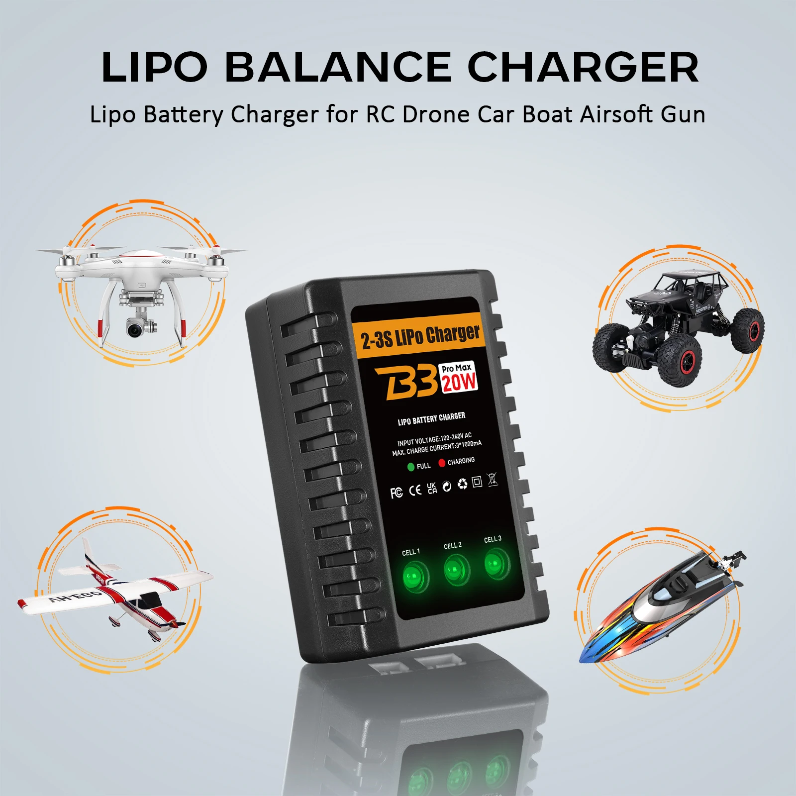 Chargeur multiport LiPo 2S/3S USB-C 12W avec câble USB-C et batteries LiPo branchées