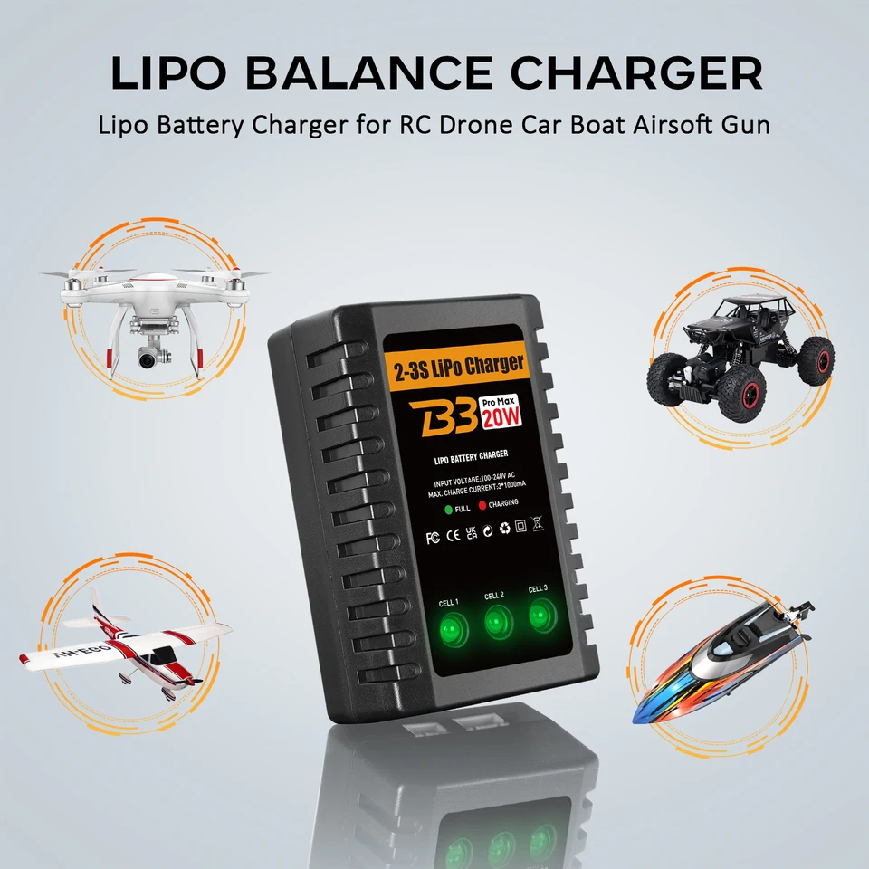 2-3Sリポバッテリー用リポ充電器 (7.4V-11.1V) 20W RC充電器 リポ充電