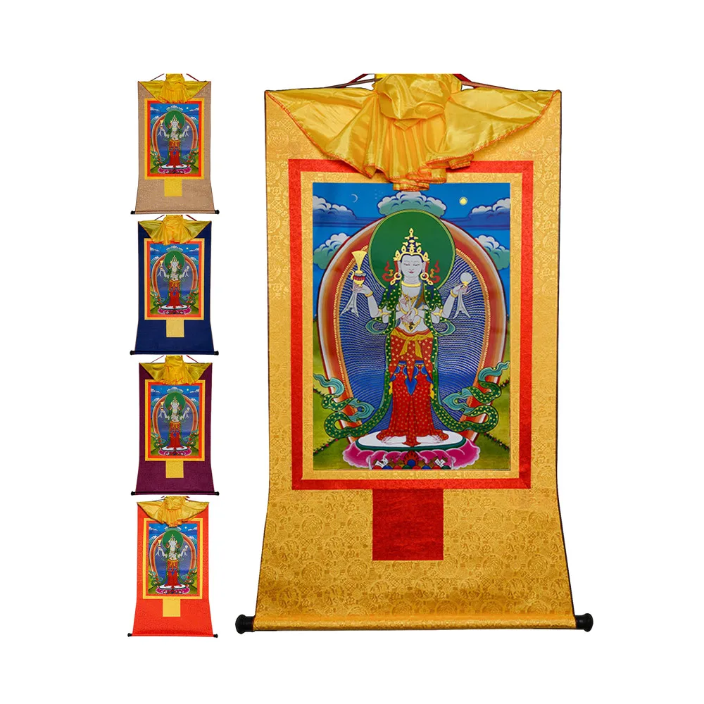 

Gandhanra Bronzing Printed Thangka Art - Four Armed Avalokitesvara Thangka,Hand Framed Tibetan Buddhist Thangka