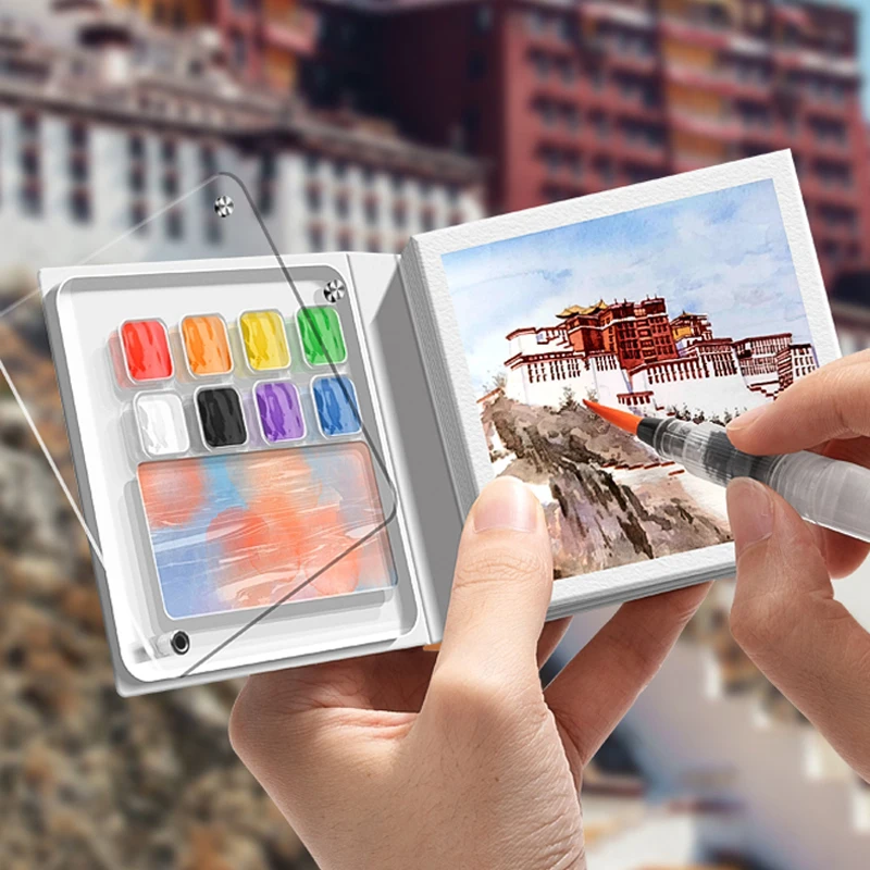 Mini Watercolor Painting Notebook With Pigment Palettle Creative Small Portable Drawing Sketching Book Art Stationery