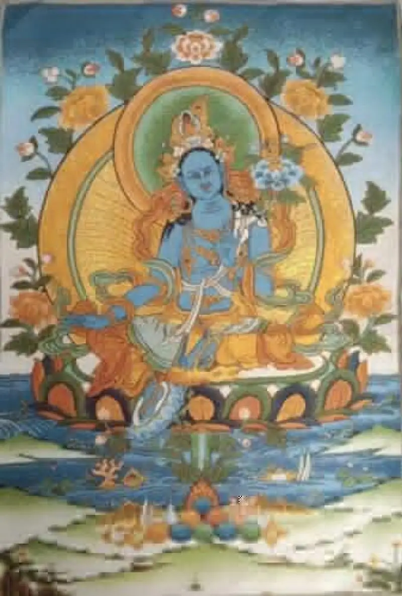 

36" Tibet Tibetan Cloth Silk Buddhism Blue Tara Guanyin Tangka Thangka Mural