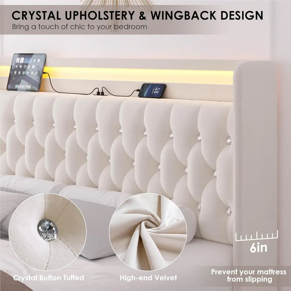 HIFIT Queen LED Bed Frame with Charging Station and 4 Storage Drawers, Velvet Upholstered Platform Bed with Handcrafted Crystal 6