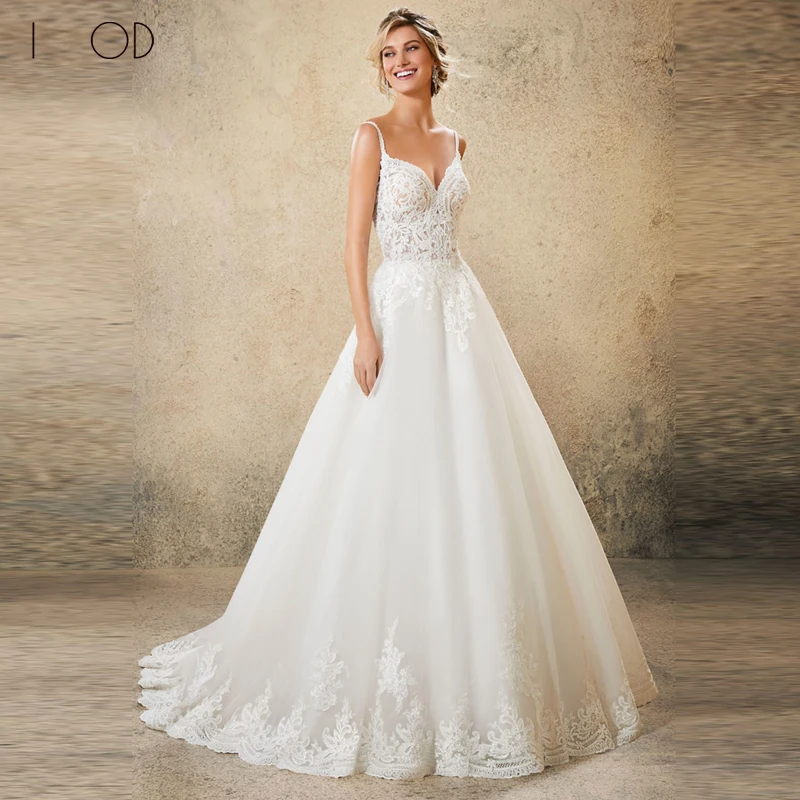 

IOD Princess Cap Sleeves Wedding Dress Luxurious 3D Lace Appliques V-neck Bride Dress Spaghetti Zipper Up Vestido De Novia 2023