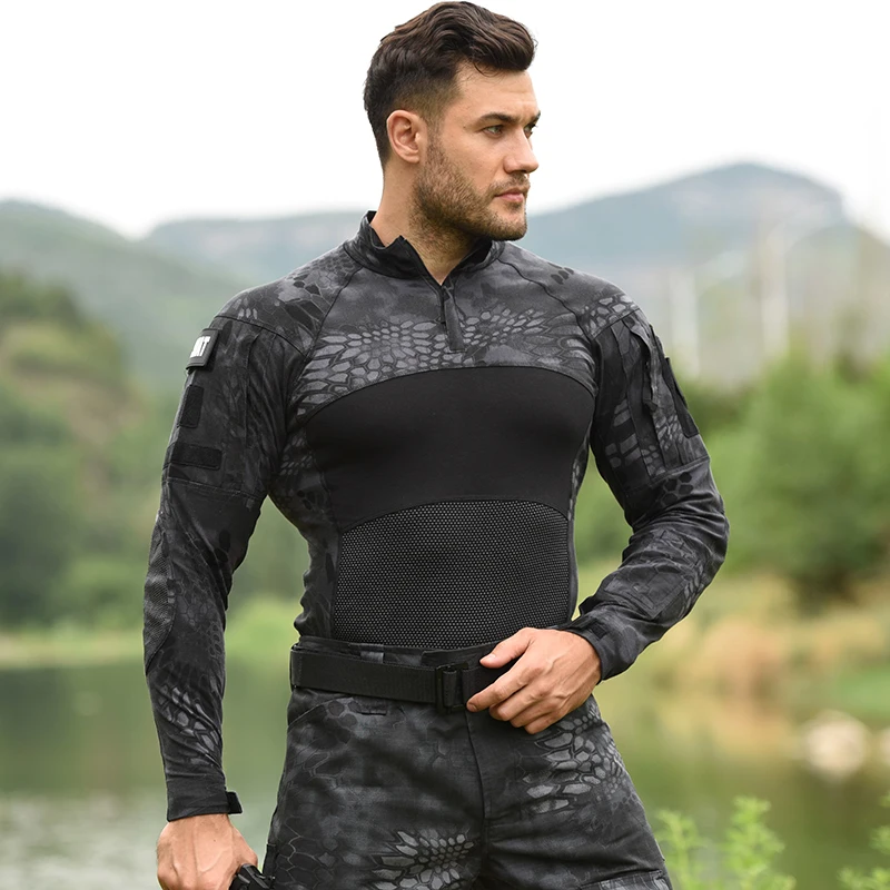 HAN WILD Men's Outdoor Hunting Tactical Shirts Half Zip Multi Pocket Shirts US Airsoft Camouflage Navy Gray Hunting T-shirt Man