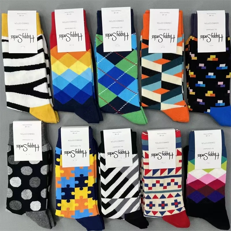 Happy Socks Men's Diamond Check Socks Four Seasons Pure Cotton Geometric  Pattern Sports Socks Size 41-46