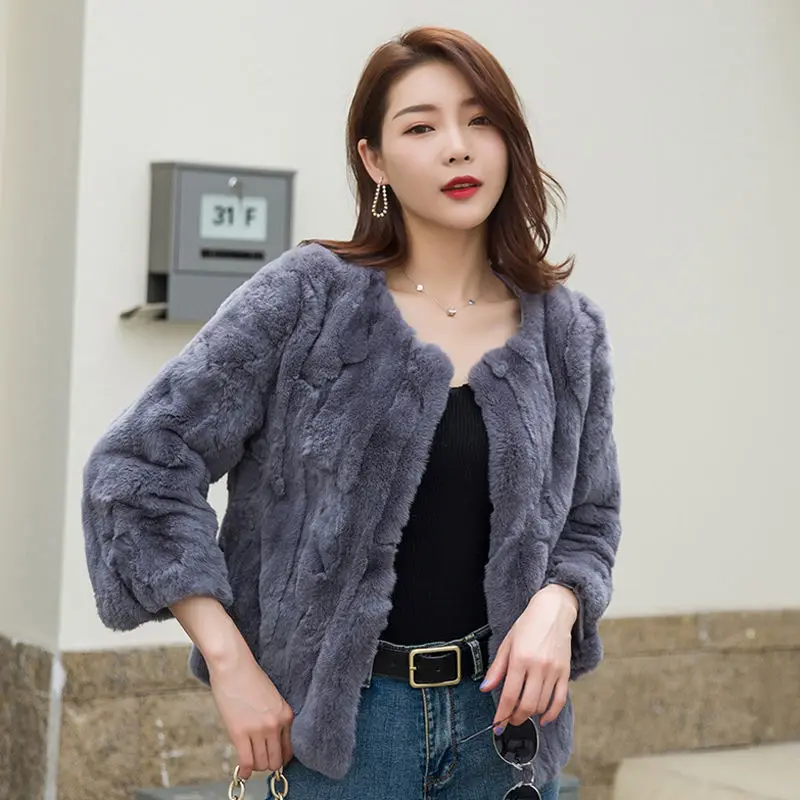 

Woman Real Rabbit Fur Winter Jacket Female Version Loose O-neck Collar Fashion Furry Coat Ladies Warm Jackets Outerwear G772