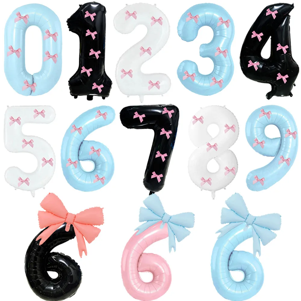 32 Blue, Pink, and Black Number Balloons with Ribbon Bows