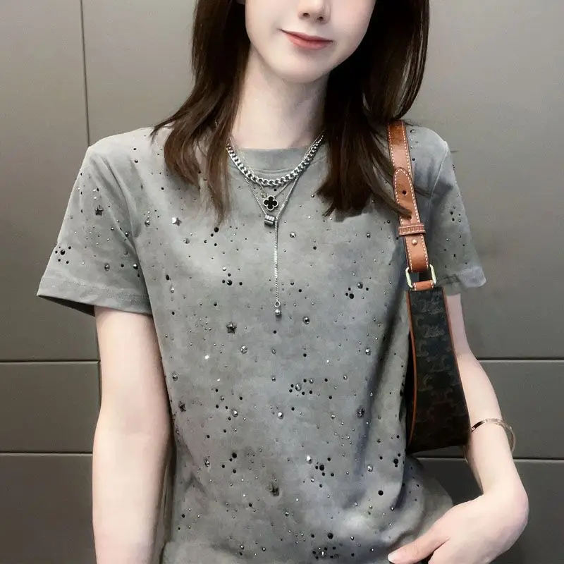 

Summer Casual Fashion Diamonds Cotton T-shirt Female Short Sleeve Round Neck Trend All-match Pullover Women Harajuku Y2K Tee Top