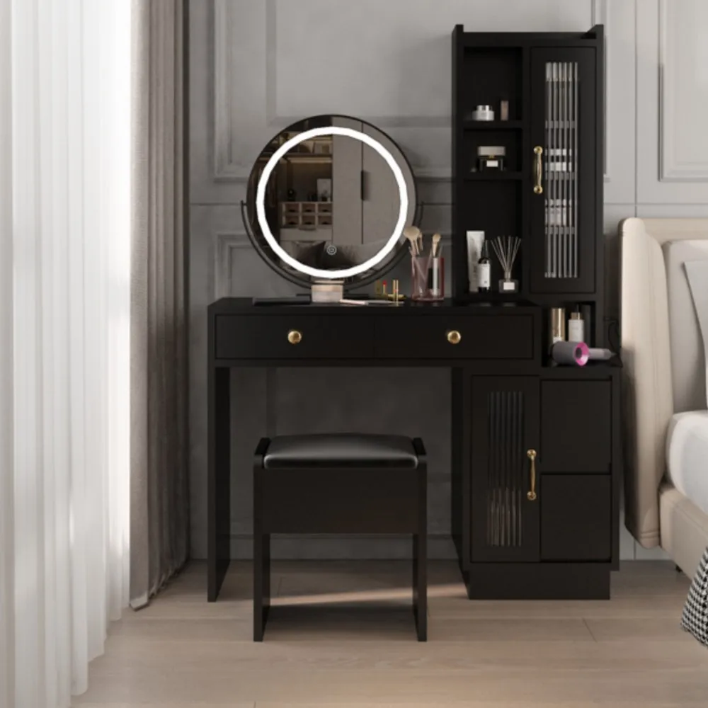 

Modern Makeup Vanity Table Set with Side Cabinet and LED Mirror, Retractable Dressing Table with Power Outlets, 3 Light Colors