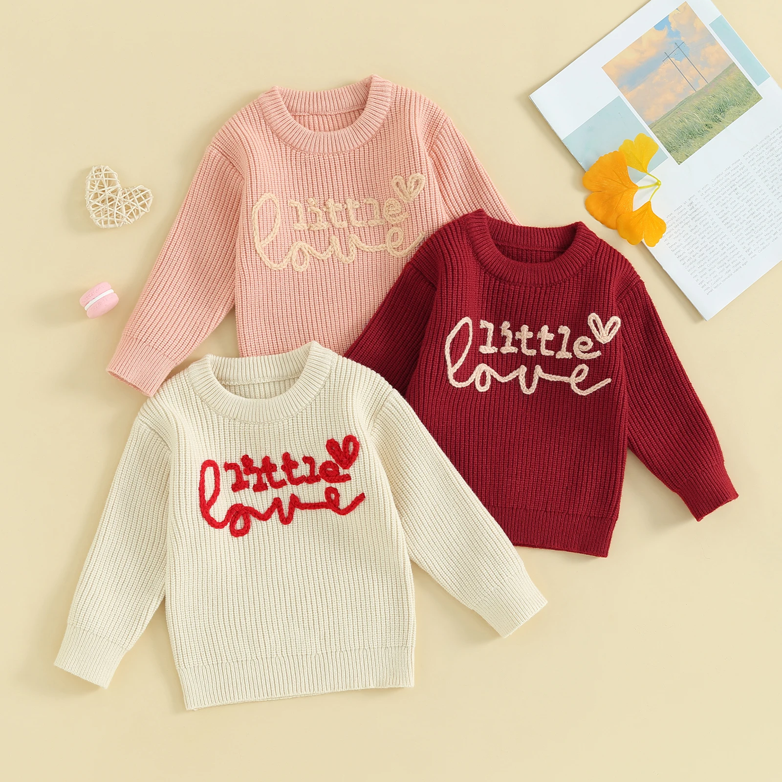 

Toddler Baby Girl Valentine's Day Sweater, Letter&Heart Embroidery Pattern Long Sleeve Round Neck Knitwear Pullover