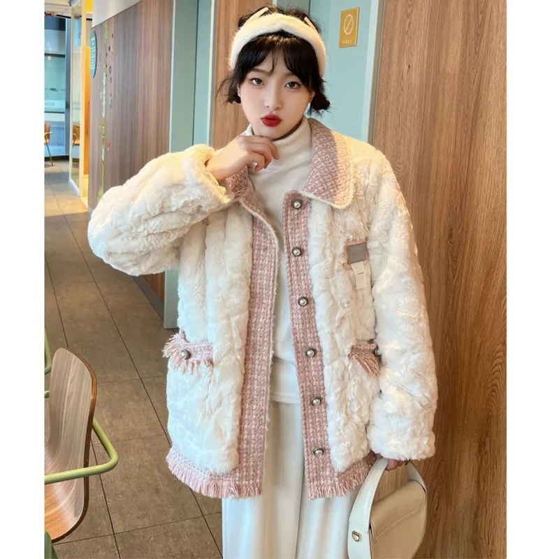 

Autumn Winter Fur Coat Women Artificial Lamb Wool Jacket Small Fragrant Contrasting Colors Sweet Fashion Loose Thickened Outwear