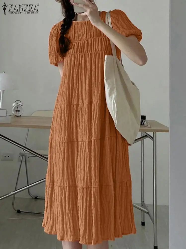 

ZANZEA Women Round Neck Pleating Sundress Vintage Texture Fabric Long Dresses Fashion Short Sleeve OL Robe Holiday Midi Vestidos