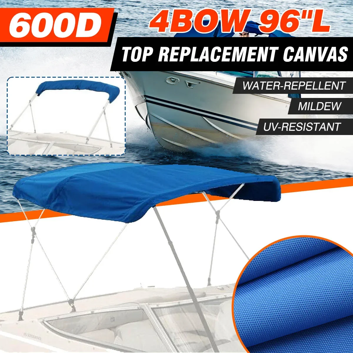 

600D Boat Cover 4 Bow Bimini Top Canvas Canopy with Boot Cover Marine Cover Anti UV For V-Hull Jon Center Console Boat