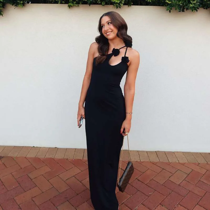 Elegant Sleeveless Irregular Bodycon Women Evening Dress Fall New Flower Ornament Shoulder Vestido Sexy Long Dress