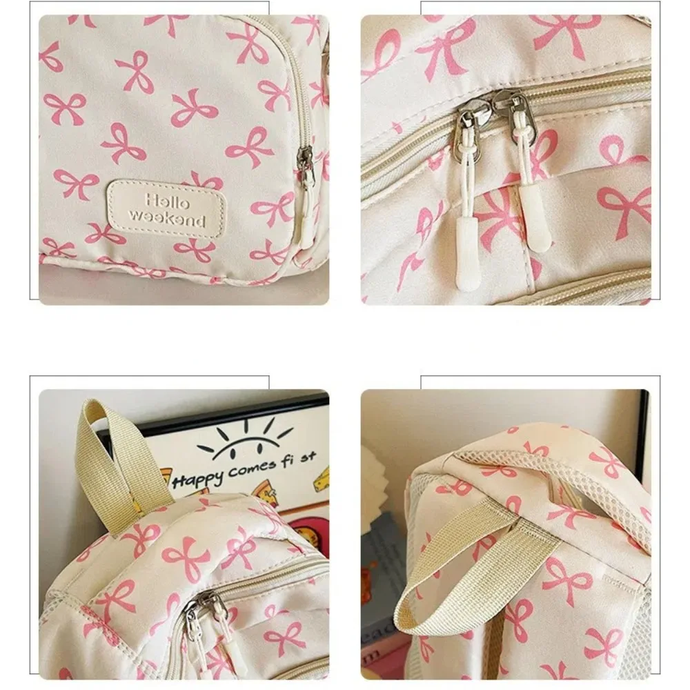 3 Pcs/Set Cute Large Capacity Bow Backpack Bow Print Nylon School Bag Adjustable Strap Travel Backpack 5