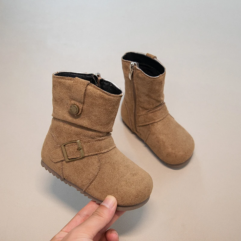 Leather Ankle Boots for Girls with Plush Lining