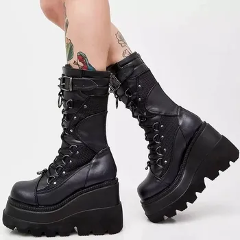 2025New Women's Punk StyleCross-Border Sneaker Boots Plus Size Thick Bottom Medium Height Rubber Forefoot Material 1
