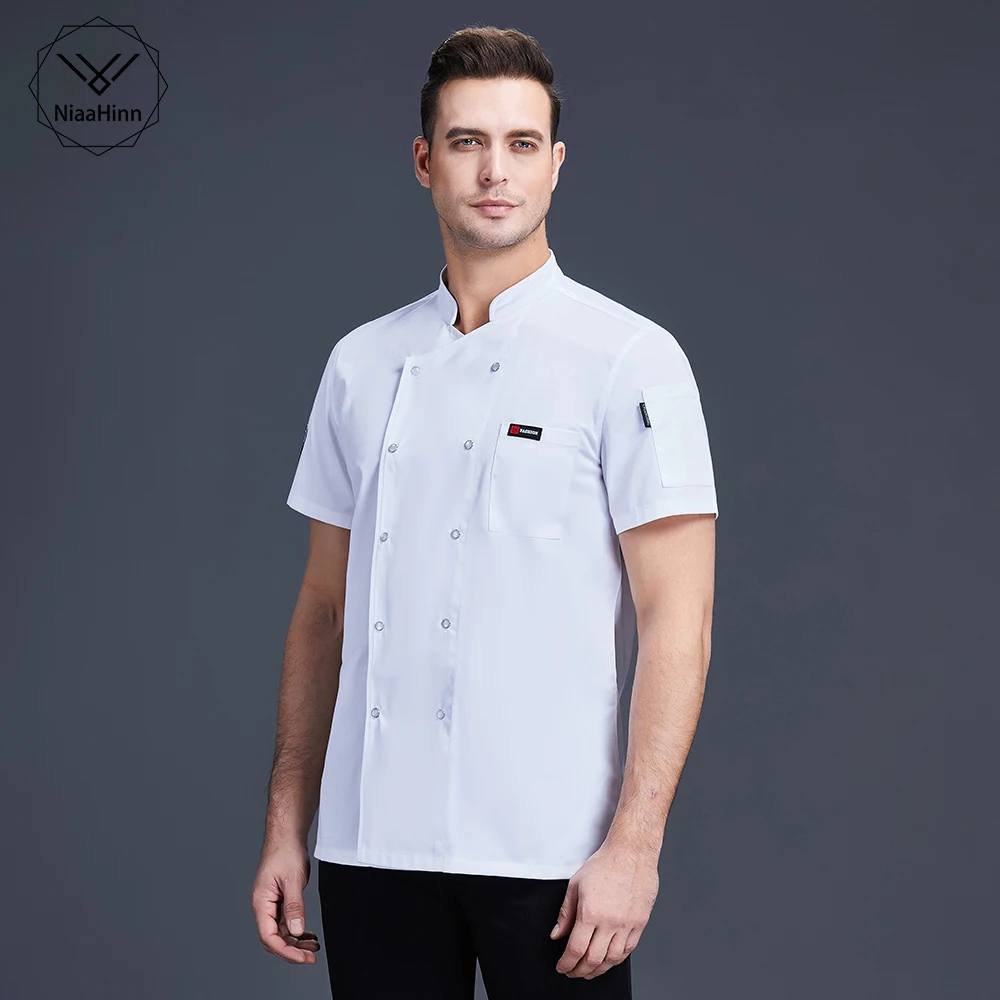 

Men Loose Double Breasted Chef Restaurant Uniforms Short Sleeved Food Service Solid Color Cooking Shirt Cater Chef Jackets Coats