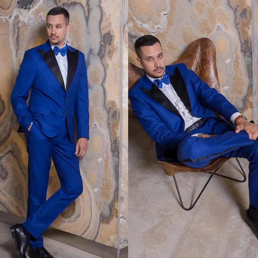 Royal Blue Blazer Single Breasted Black Peak Lapel Elegant Wedding Outfits  3 Piece Jacket Pants Formal Party Costume Homme 2024