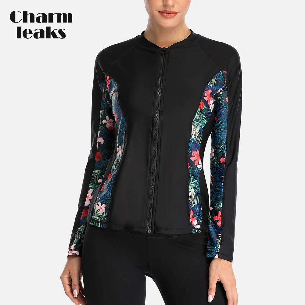 Women Rash Guard Surfing Swimsuit Floral Print Long Sleeve Zipper