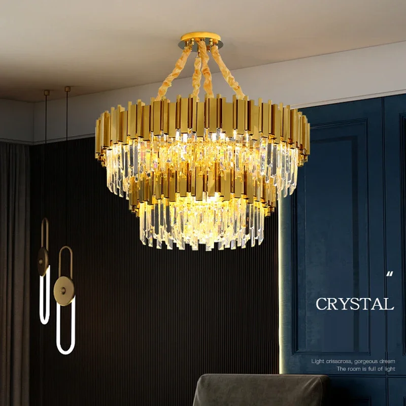 

LED Postmodern Round Golden Stainless Steel Crystal Chandelier Lighting Lustre Suspension Luminaire Lampen For Dinning Room