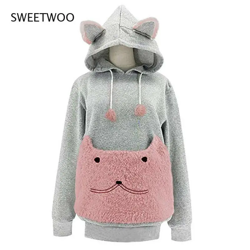 Women Hoodies Put Cat Sweatshirt Long Sleeve Loose Pullover Ear Shape Hat Ball String Print Cute Big Pocket Autumn Spring 2022