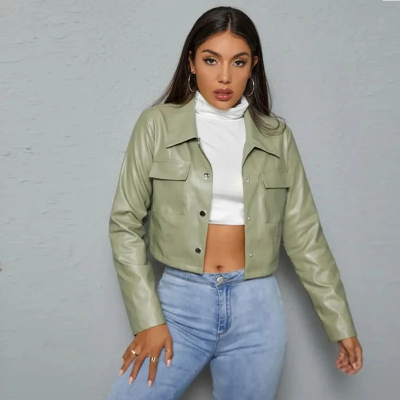 2024 Autumn New Fashion Street Style Ladies Jacket Avocado Green PU Leather Jacket Leather Jacket Lapel Locomotive Jacket Women