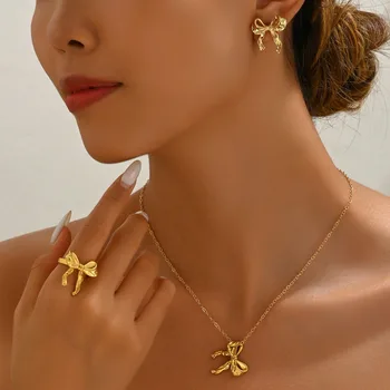 Fashionable Gold Bow Jewelry Set Including Necklace Earrings and Ring Charming Delicate and Trendy Accessory 2