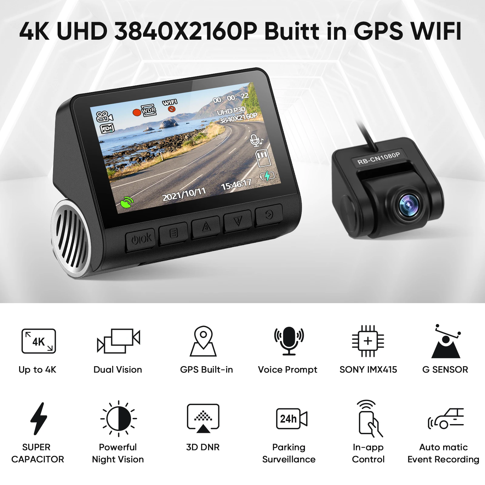   Ʈ  ķ, V55  ī޶, 4k ڵ Dvr, , GPS, 2 ä,   ĸ, 4k